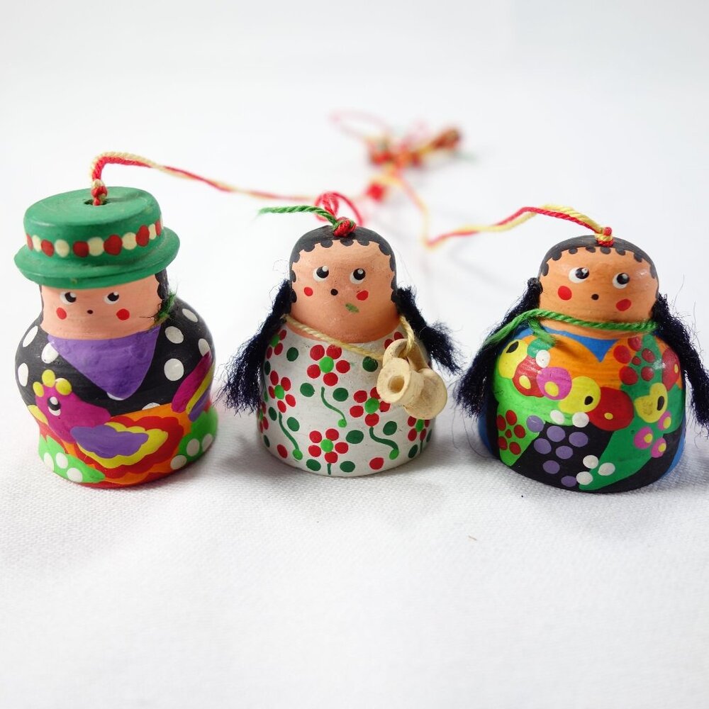 Vintage Miniature 1 1/2" Hand Painted Pottery Clay Figure Bells Set of 3